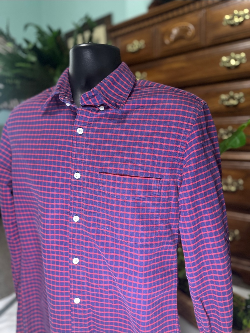 J. Crew Navy and Red Check Button-Down Shirt size M